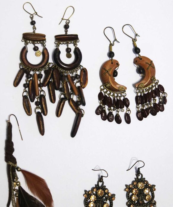 Zestaw kolczyków boho hippie vintage retro drewno pióra