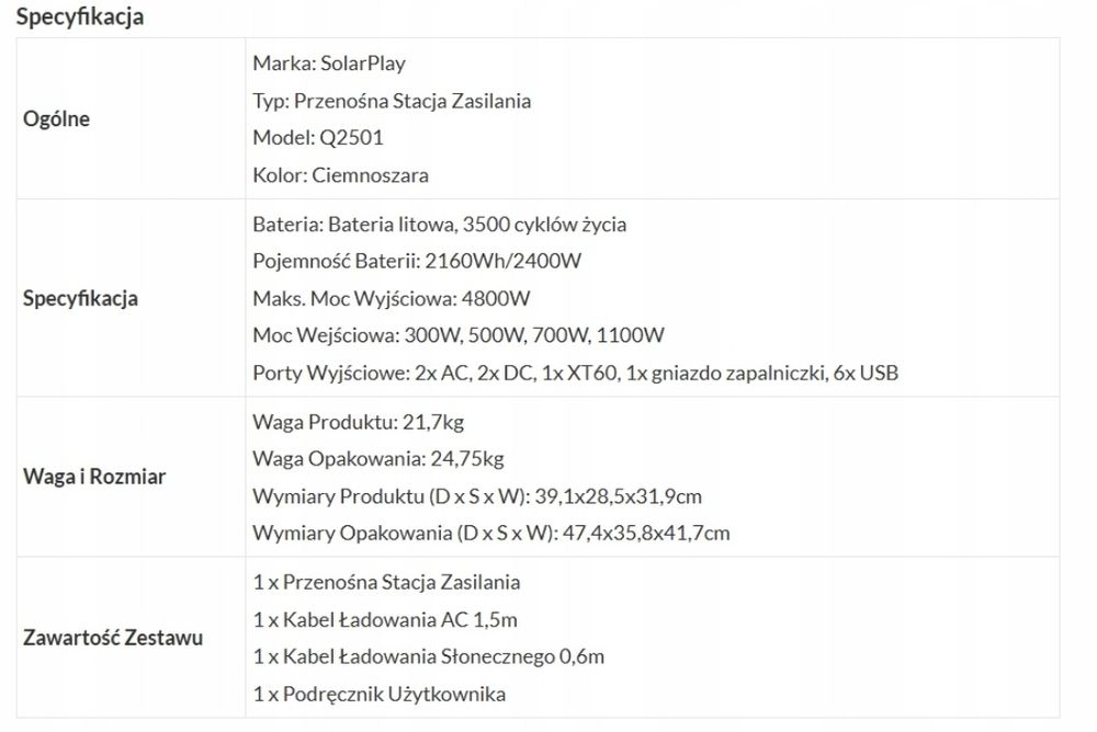 Nowa Stacja zasilania SOLARPLAY Q2501 LiFePO4 2160WH AC 2400W magazyn