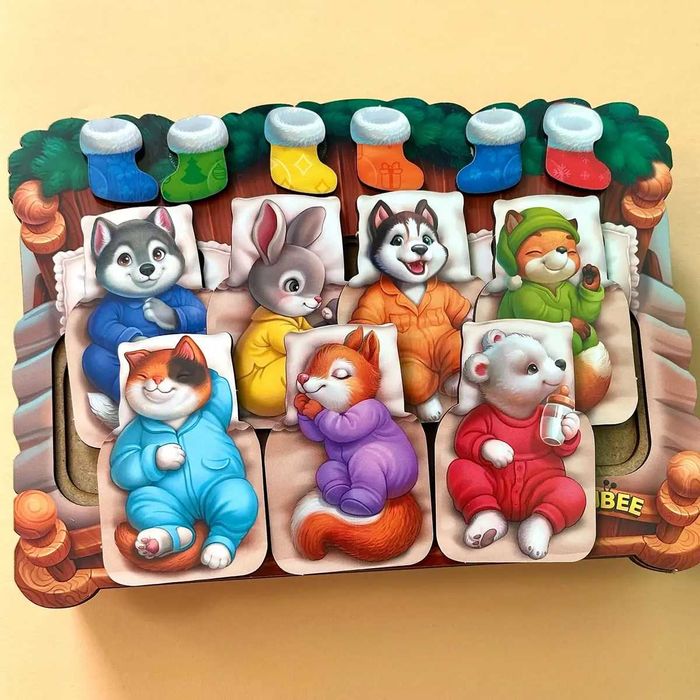 Drewniana gra edukacyjna „Zwierzęta w łóżeczku”