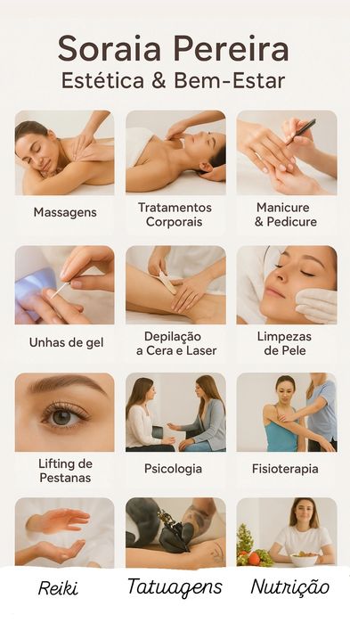 Massagens / psicologia / nutrição / fisioterapia / unhas
