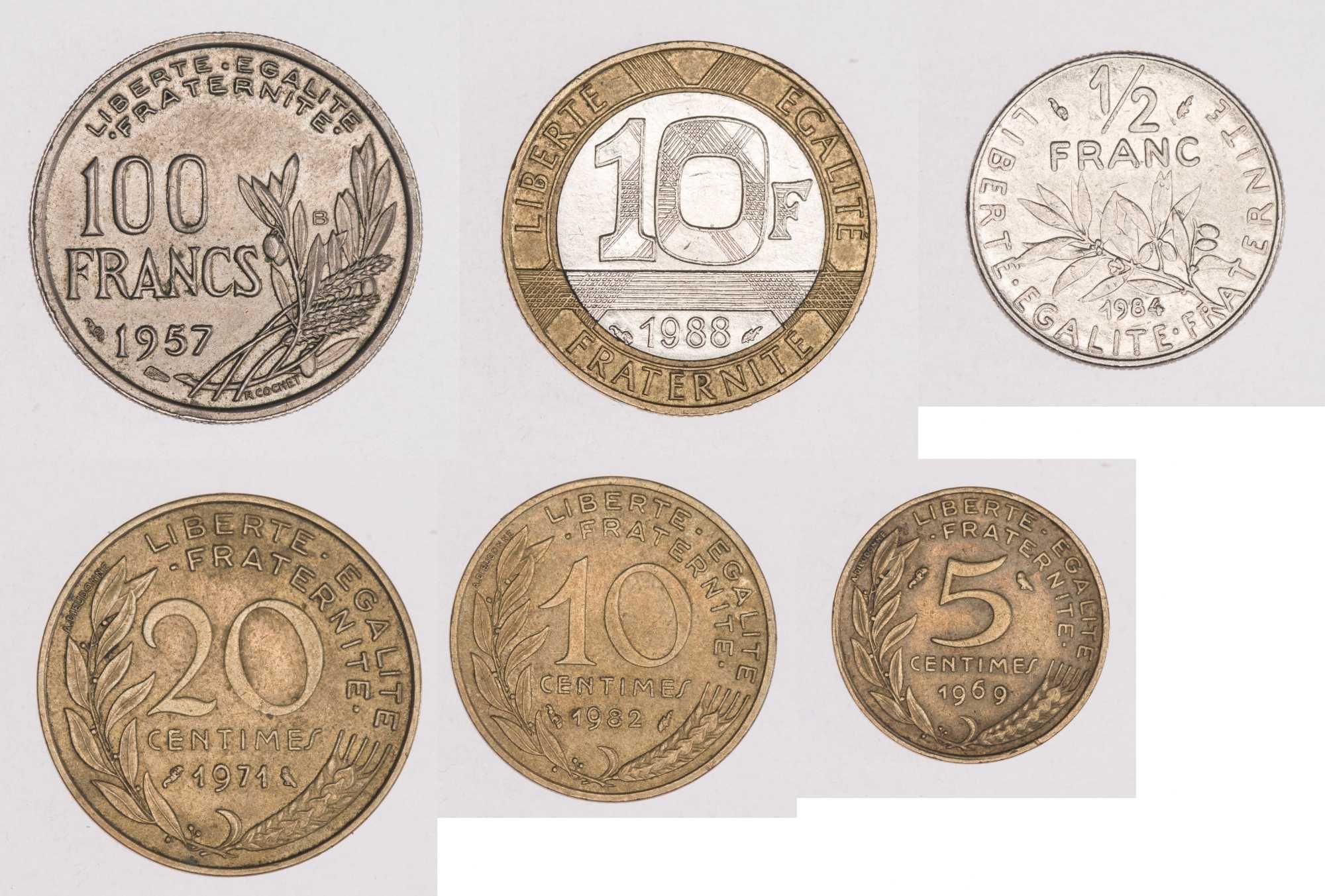 Francja - zestaw 100, 10 franków 50c 20c 10c 1c z lat 1957 - 1984
