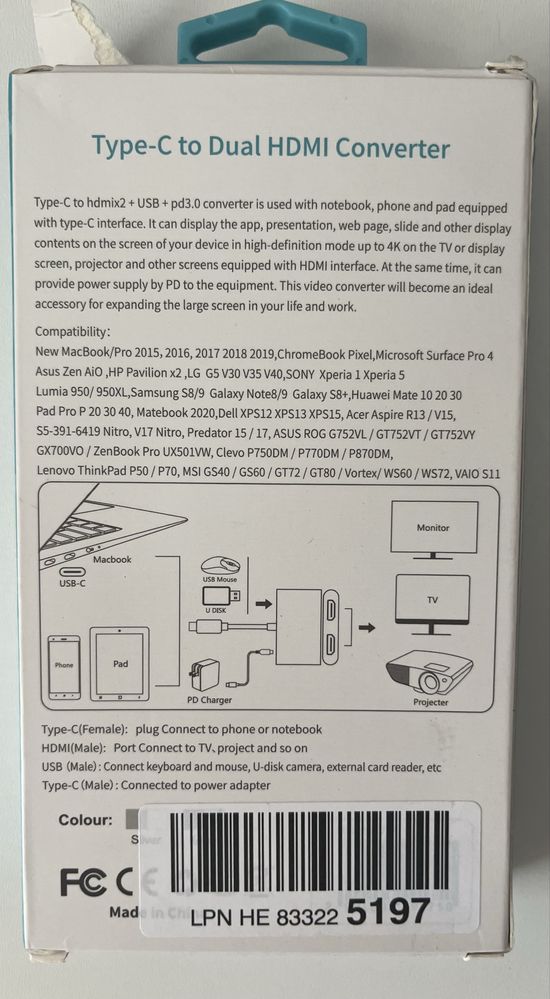 Konwerter USB-C na HDMI x2 + USB + PD 3.0 do laptopa i telefonu