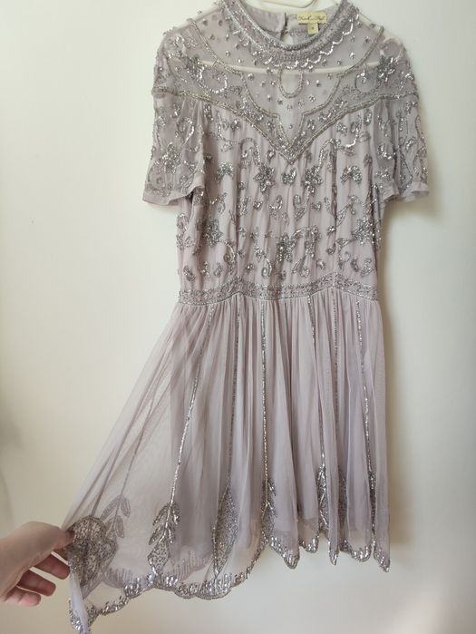 Piękna bogato zdobiona sukienka na wesele szara srebrna popielata XXL