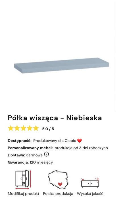 Półka wisząca- niebieska 50cm/ 15cm YRKE