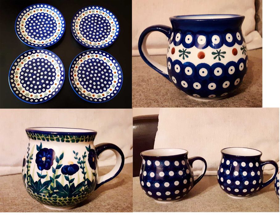 zestaw talerzy talerzyków talerze kropki ważka bolesławiec kubek