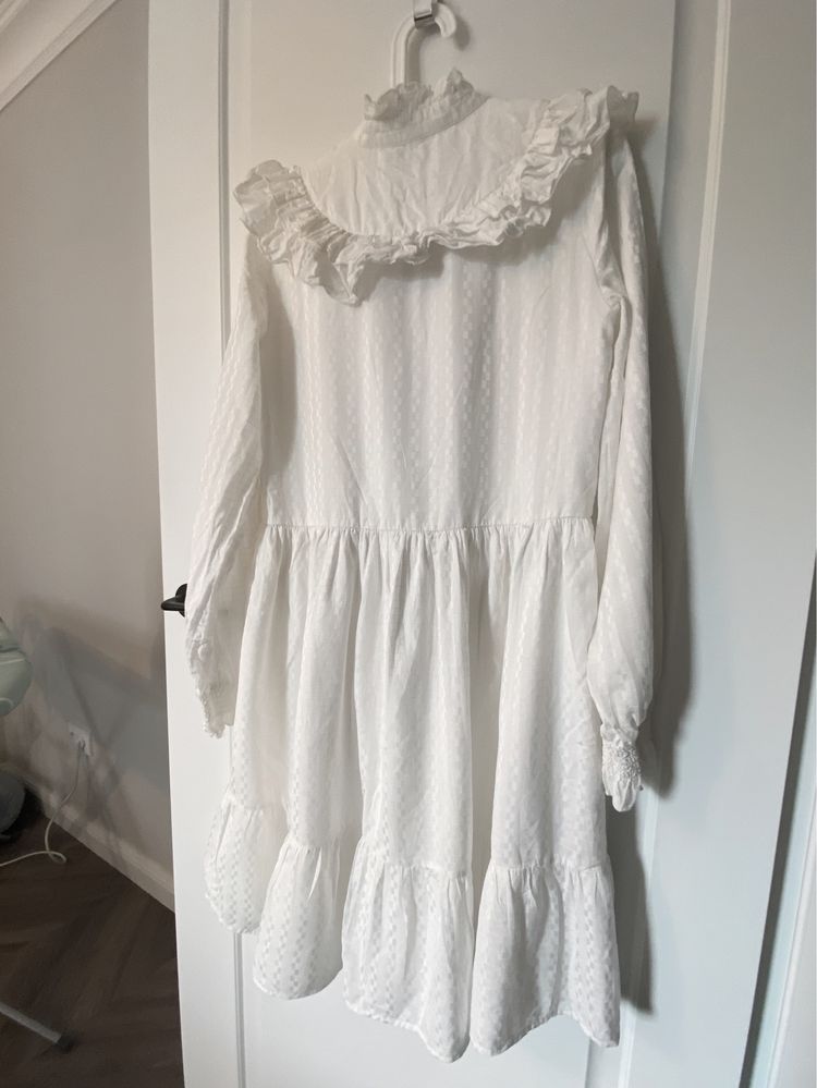 YAS sukienka 38/M wiskoza biała falbanki midi vintage nowa rękaw retro