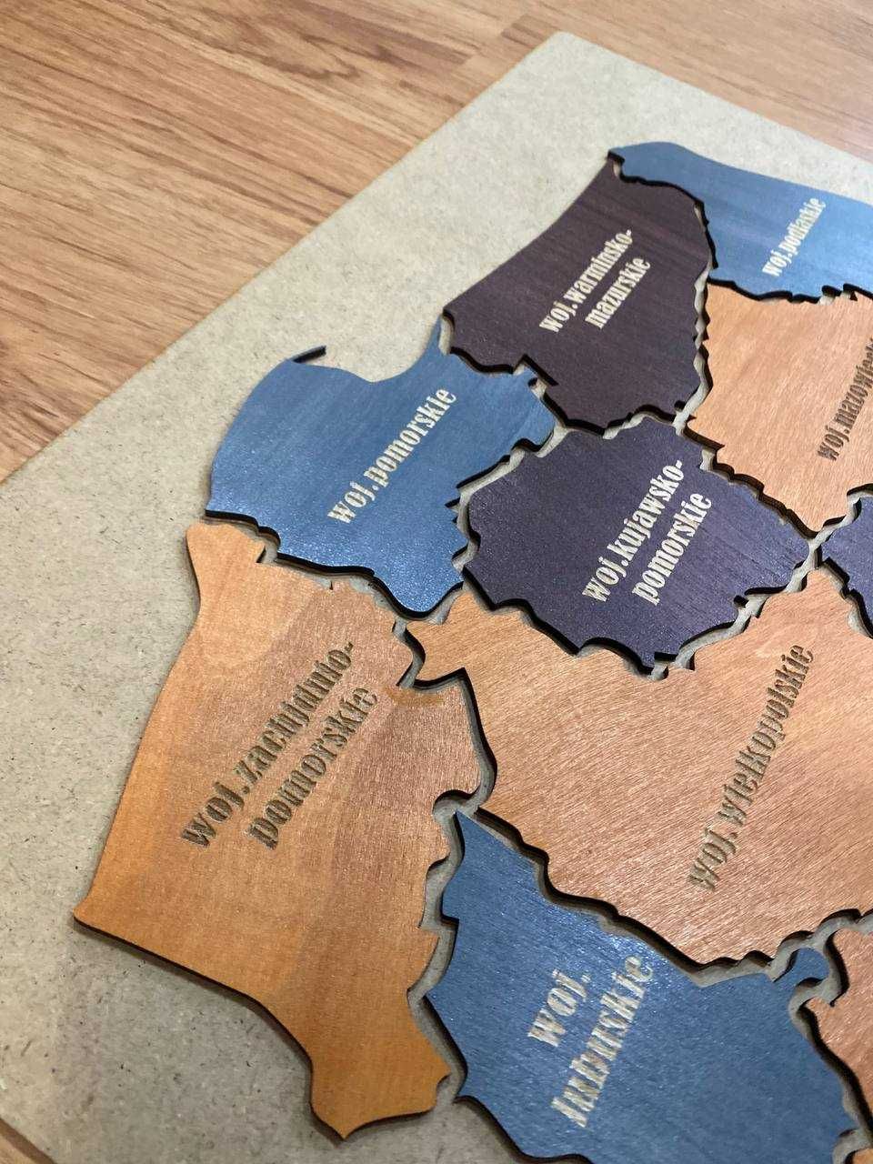 Drewniana mapa Polski 3D Miasta dekoracja ścienna