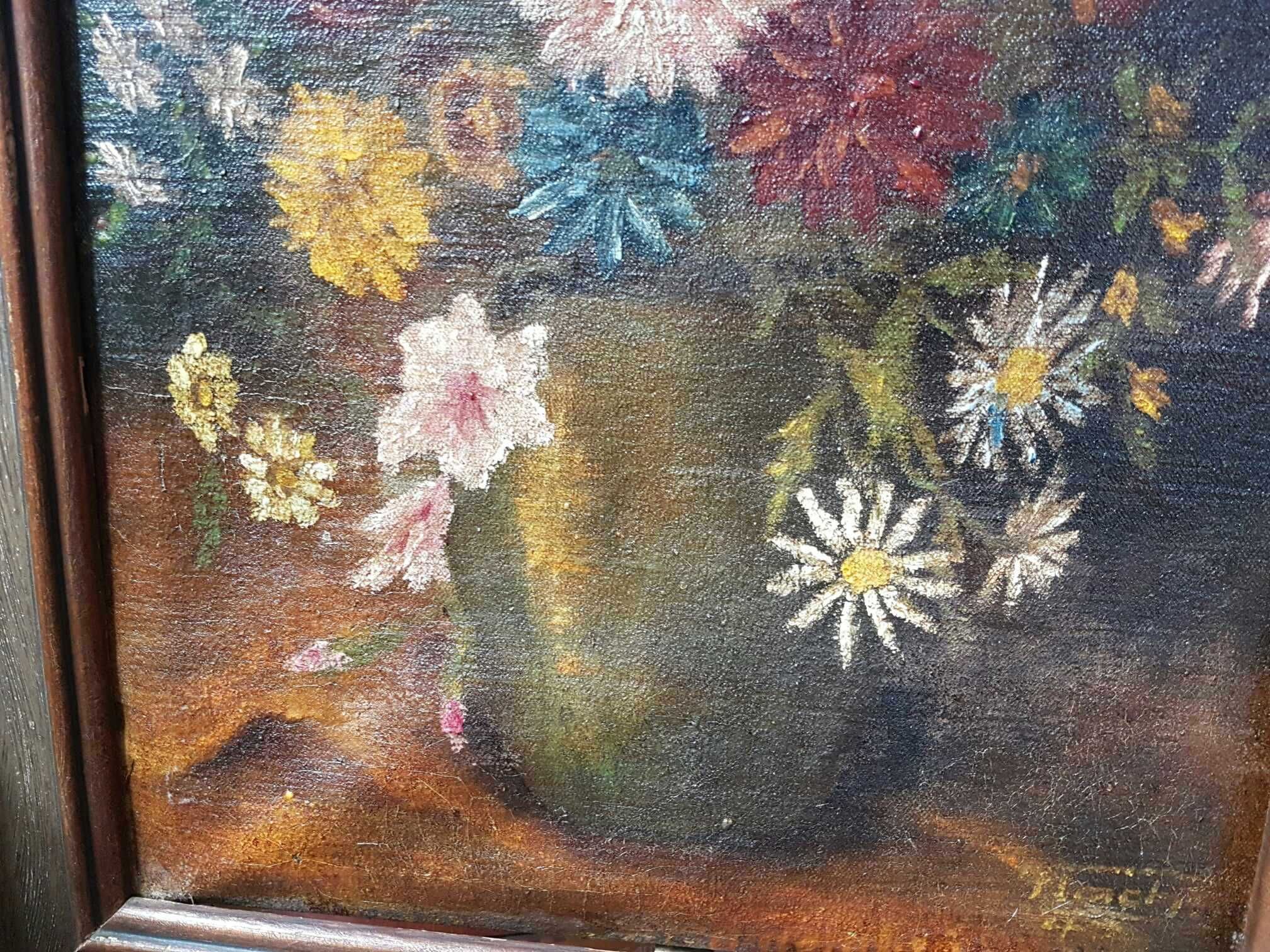 Obraz stary malowany na płótnie "Bukiet Kwiatów w MASYWNEJ RAMIE 53x66