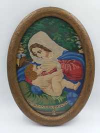 Ładny haftowany obrazek z Matką Boską i dzieciątkiem
