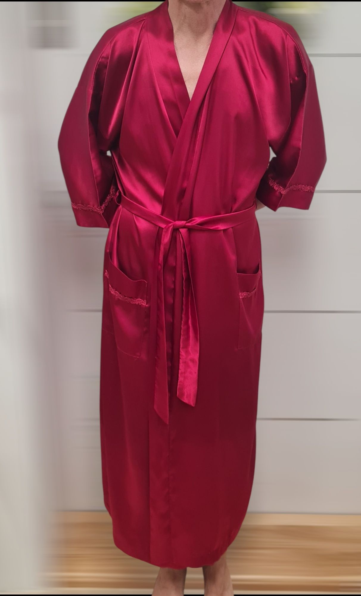Elegancki szlafrok satyna ciemnoczerwony podomka M L XL