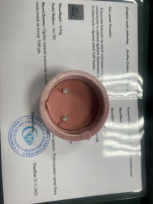 Kolczyki diamentowe 0,60ct Naturalne złoto 585 wycena 7500 zł brylanty