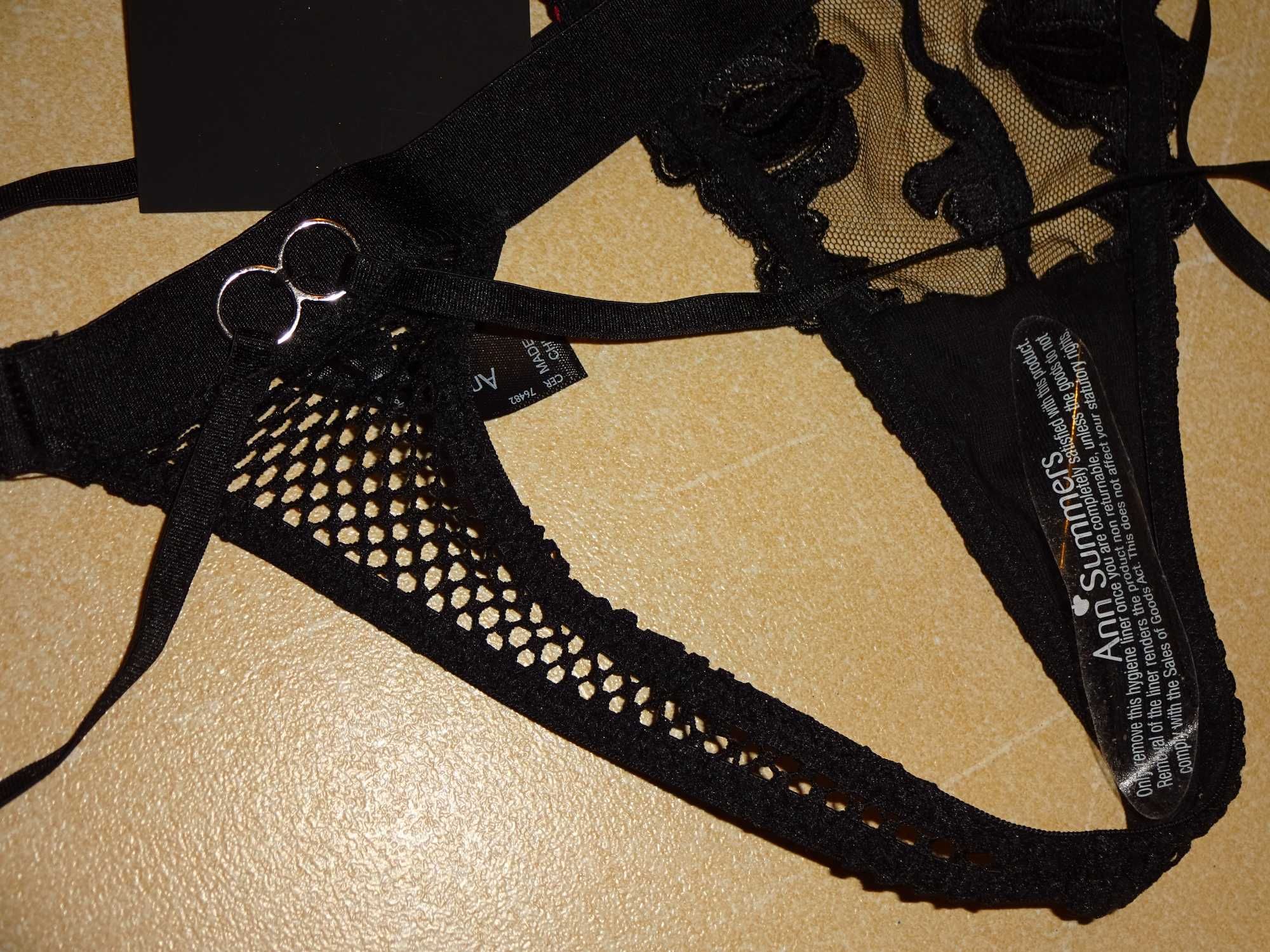 Ann Summers Vivienne thong LUX czarne różowe stringi paski OKAZJA r 36