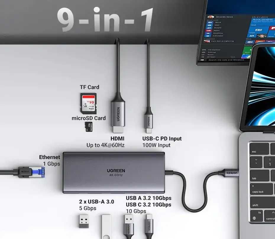 UGREEN hub 9 in 1 HDMI 4K 60Hz, Type C ,PD 100W, RJ45, SD/TF, USB-A