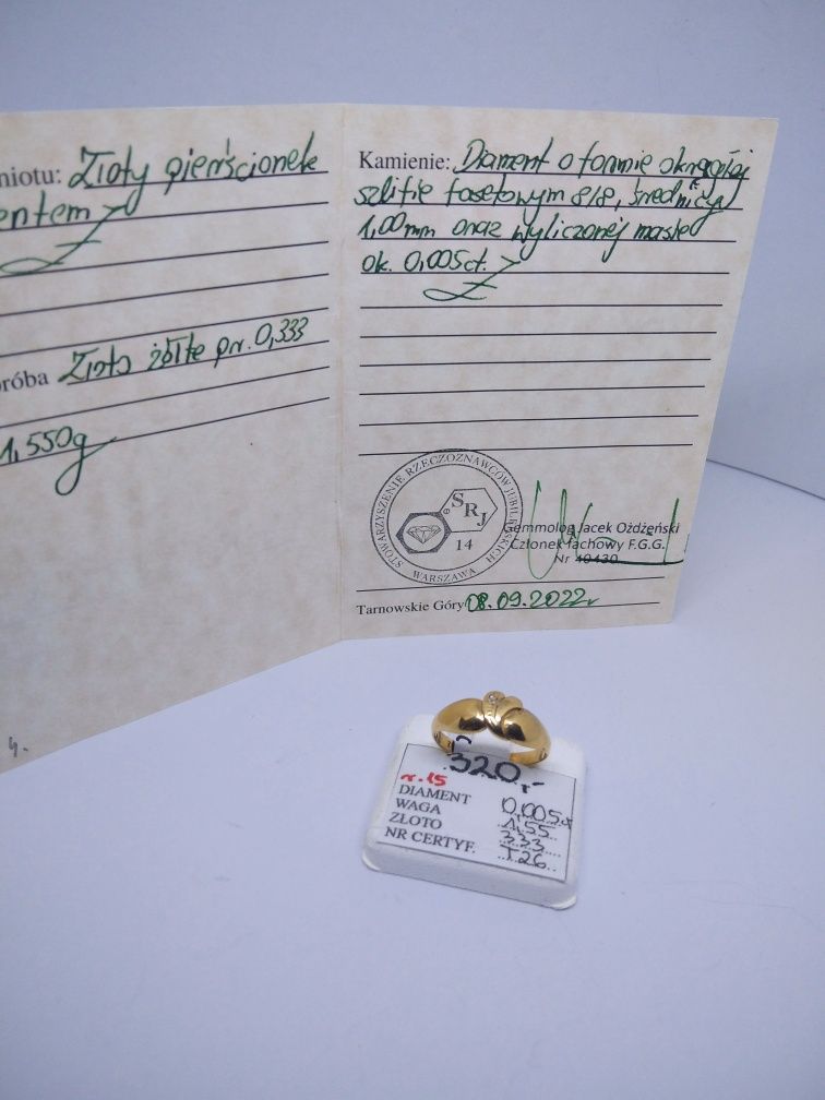 Złoty pierścionek z diamentem złoto 333 R 15   319