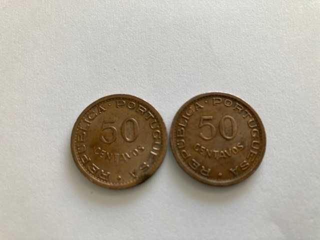 6 moedas  Moçambique, 50 centavos 1957 e 1973, 20 centavos 1961 e 1973