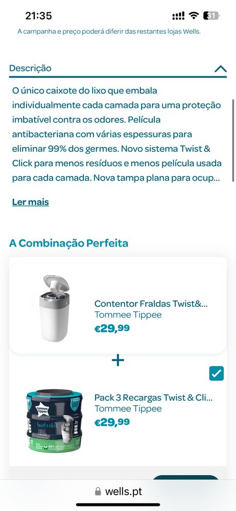 Caixote lixo tommee e tippee com 50 metros de saco e tres recargas……..