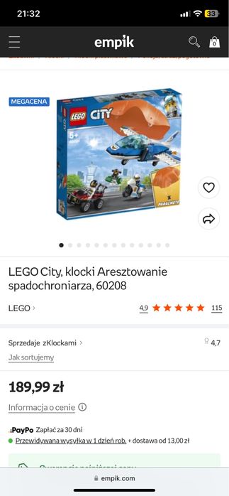 Lego city aresztowanie spadochroniarza 60208