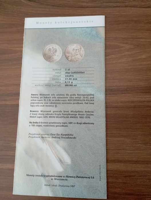 Folder emisyjny Generał broni Władysław Anders