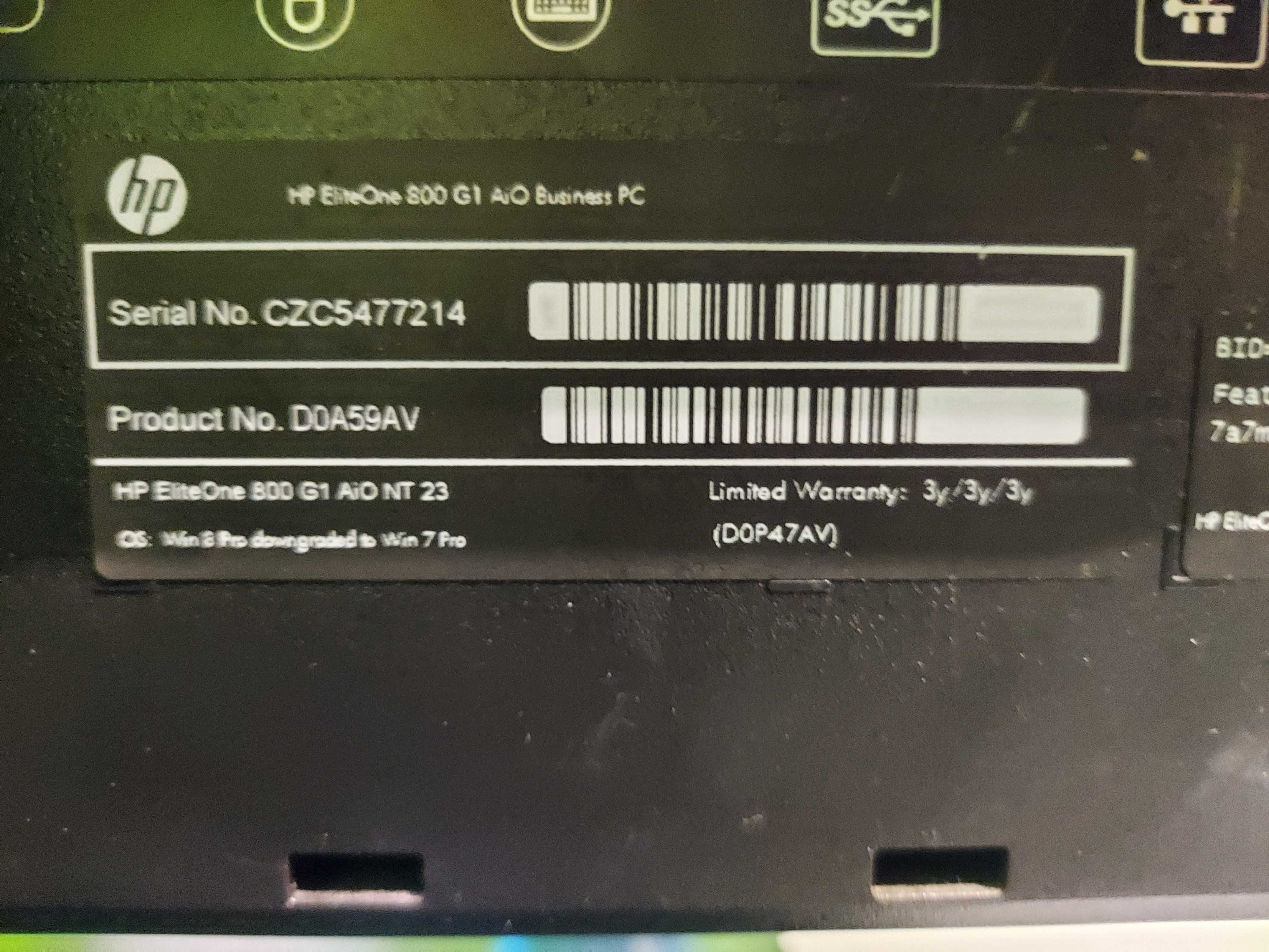 Komputer HP ELITEONE 800 G1 AiO NT23  dysk SSD   250G