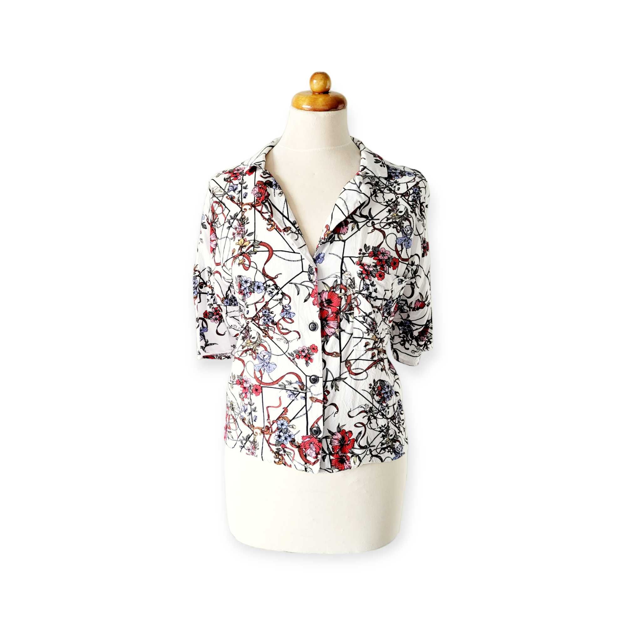Koszula bluzka damska XL House retro kwiaty ornamenty krótki rękaw