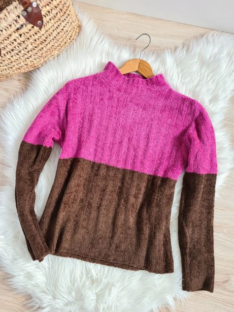 Sweter półgolf Vintage czekoladowo-różowy M S