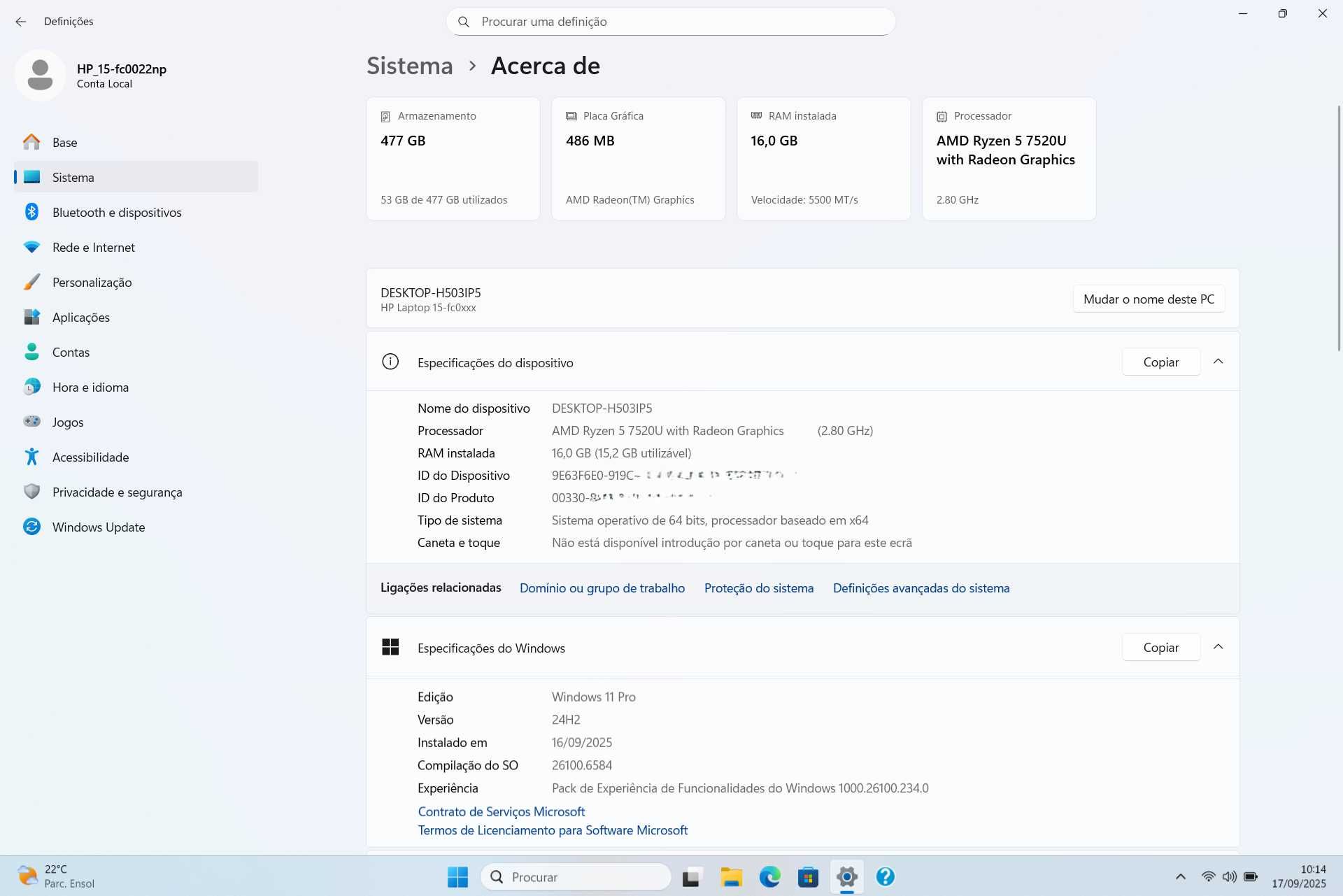 Portátil HP, Ryzen 5 7520U, 16GB RAM, com garantia
