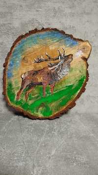 "Jeleń na rykowisku" obraz na krążku drewnianym