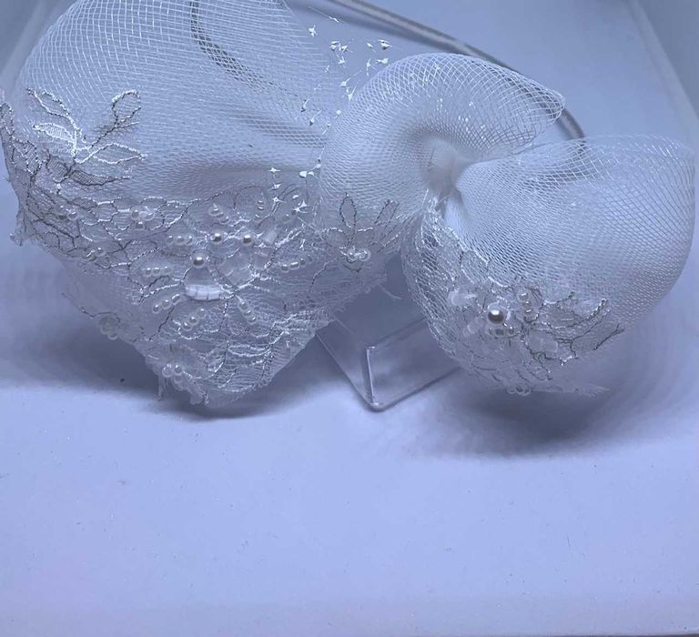 Nowa Tiulowa Kokarda Koronka Opaska Ślub Rękodzieło Perły Diadem  Art