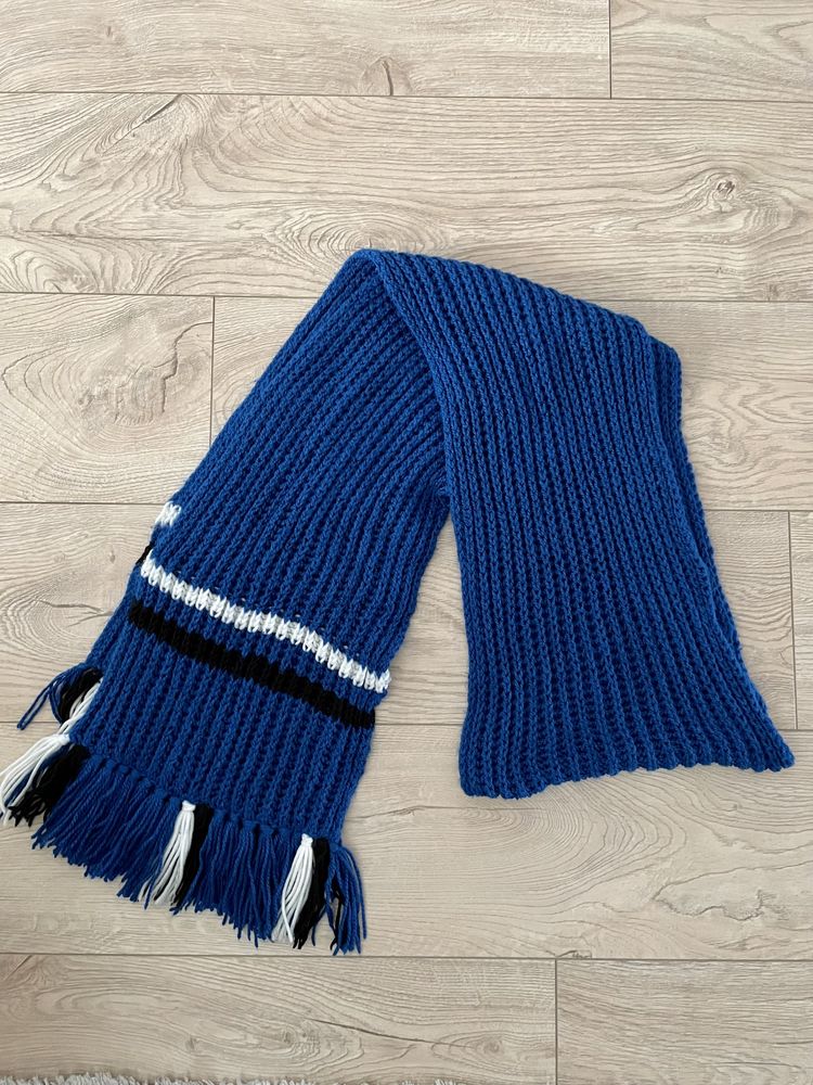 Szalik zimowy długi handmade na drutach niebieski wełna