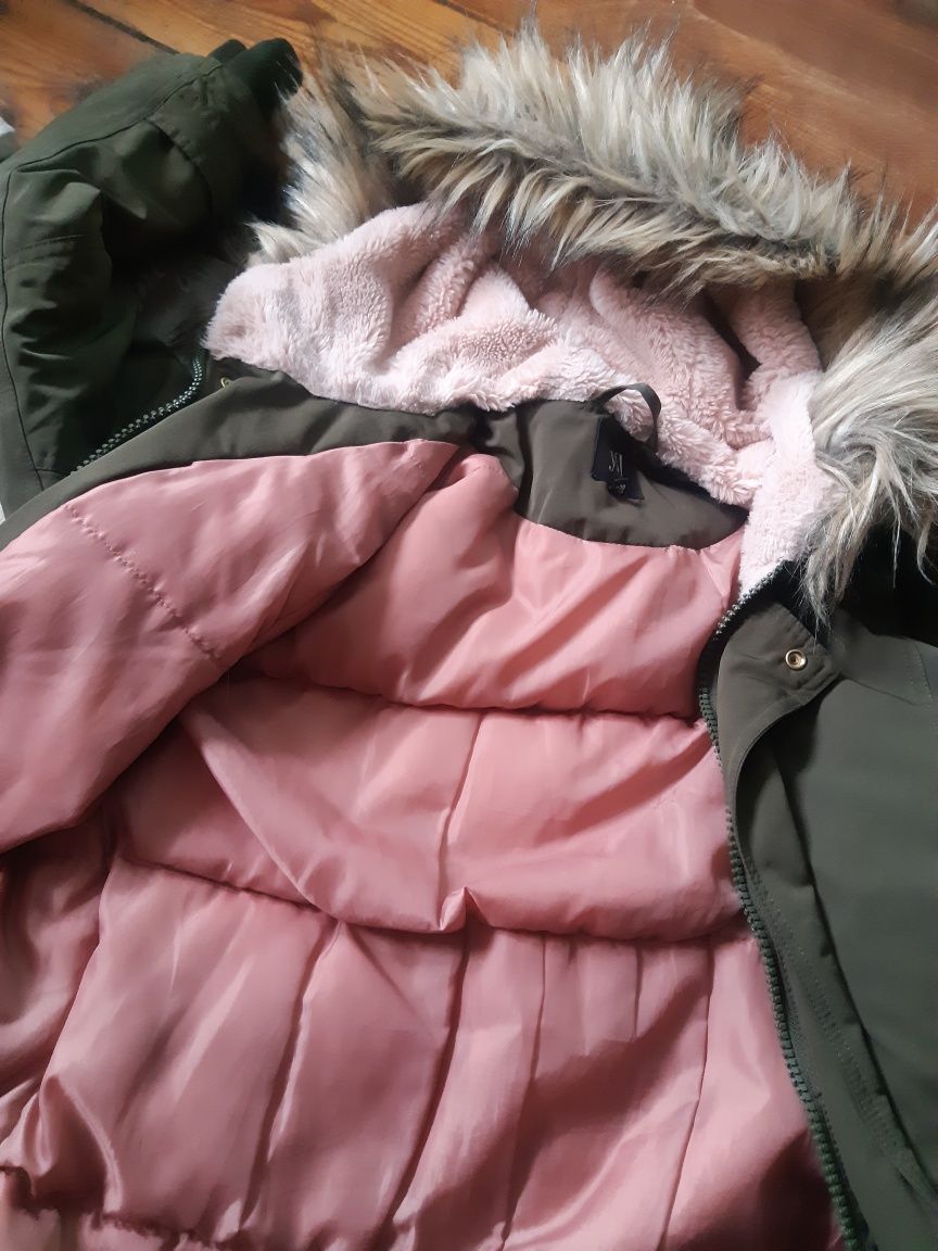 Zielona khaki zimowa damska kurtka parka z różowym misiem kaptur 38 M