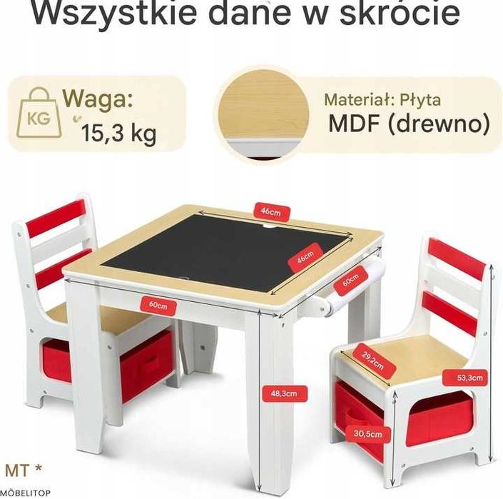 Zestaw mebli dla dzieci: stolik + 2 krzesła | Tablica + schowek