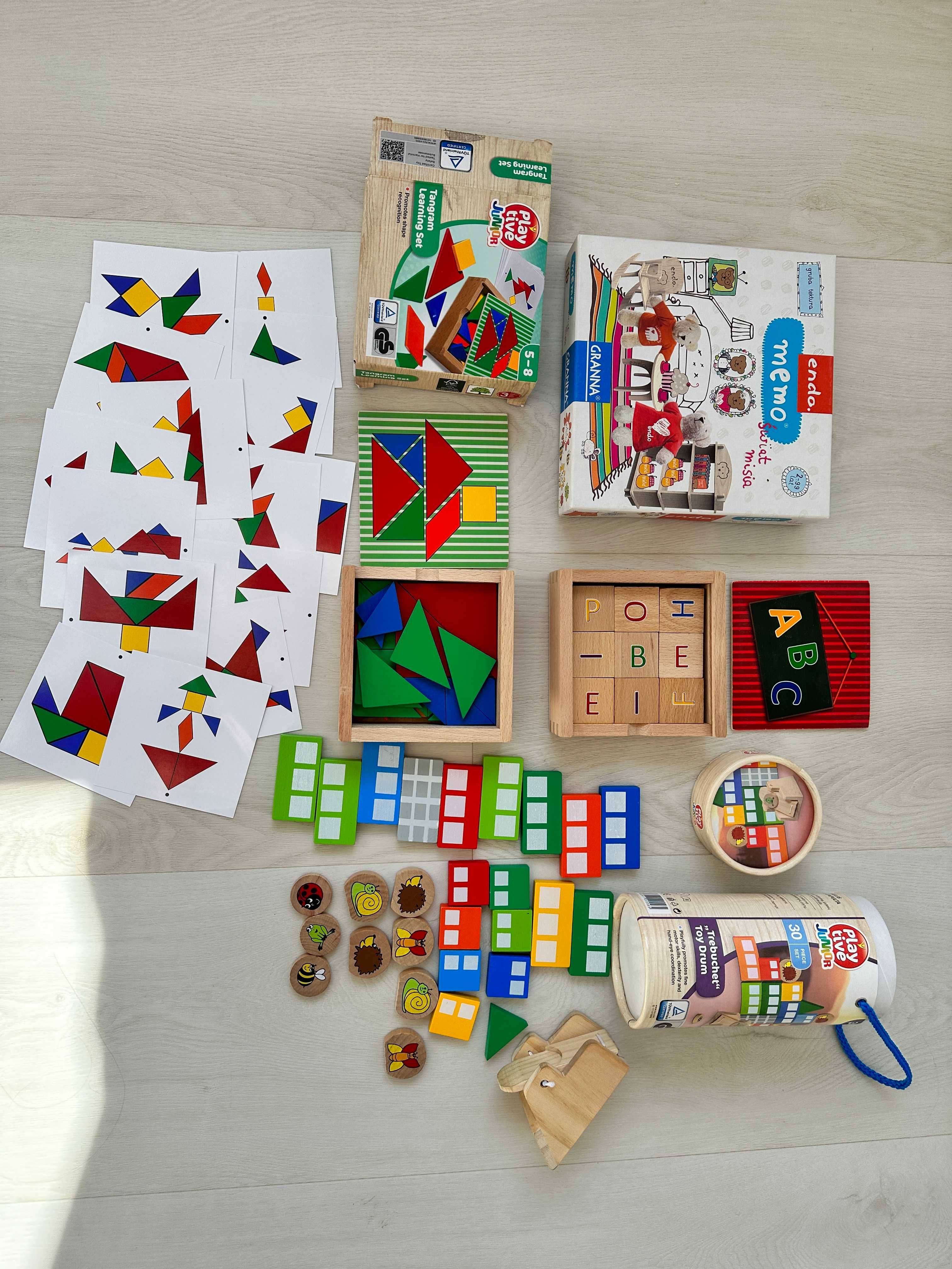 zestaw 6 szt drewniane zabawki edukacyjne Lidl tangram literki memo