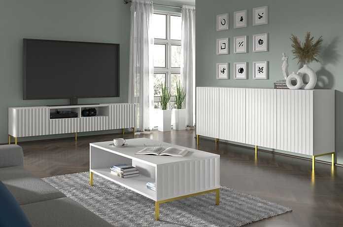 Szafka RTV WAVE 200 cm 2D2S frez biały mat nóżki CZARNE