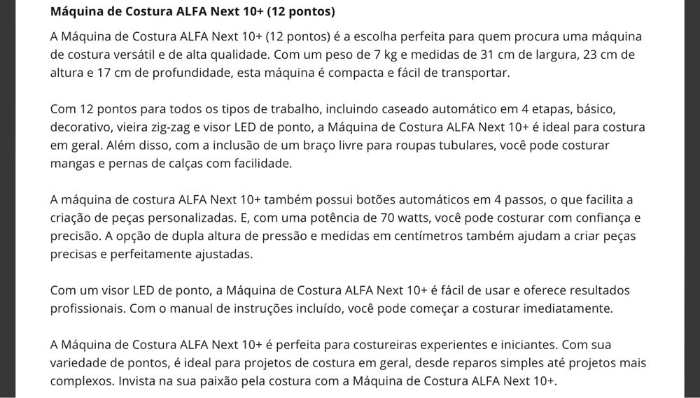 Máquina de Costura ALFA Next 10+ (12 pontos)