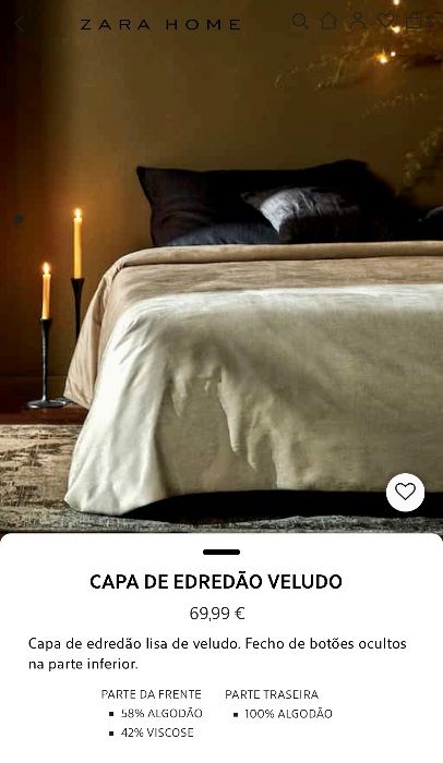 Capa de Edredão e Fronha de Almofadas em Veludo Zara Home