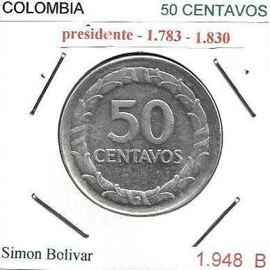 Colômbia - - 50 Centavos - 1948-B - - Simon Bolivar - - Moeda de Prata