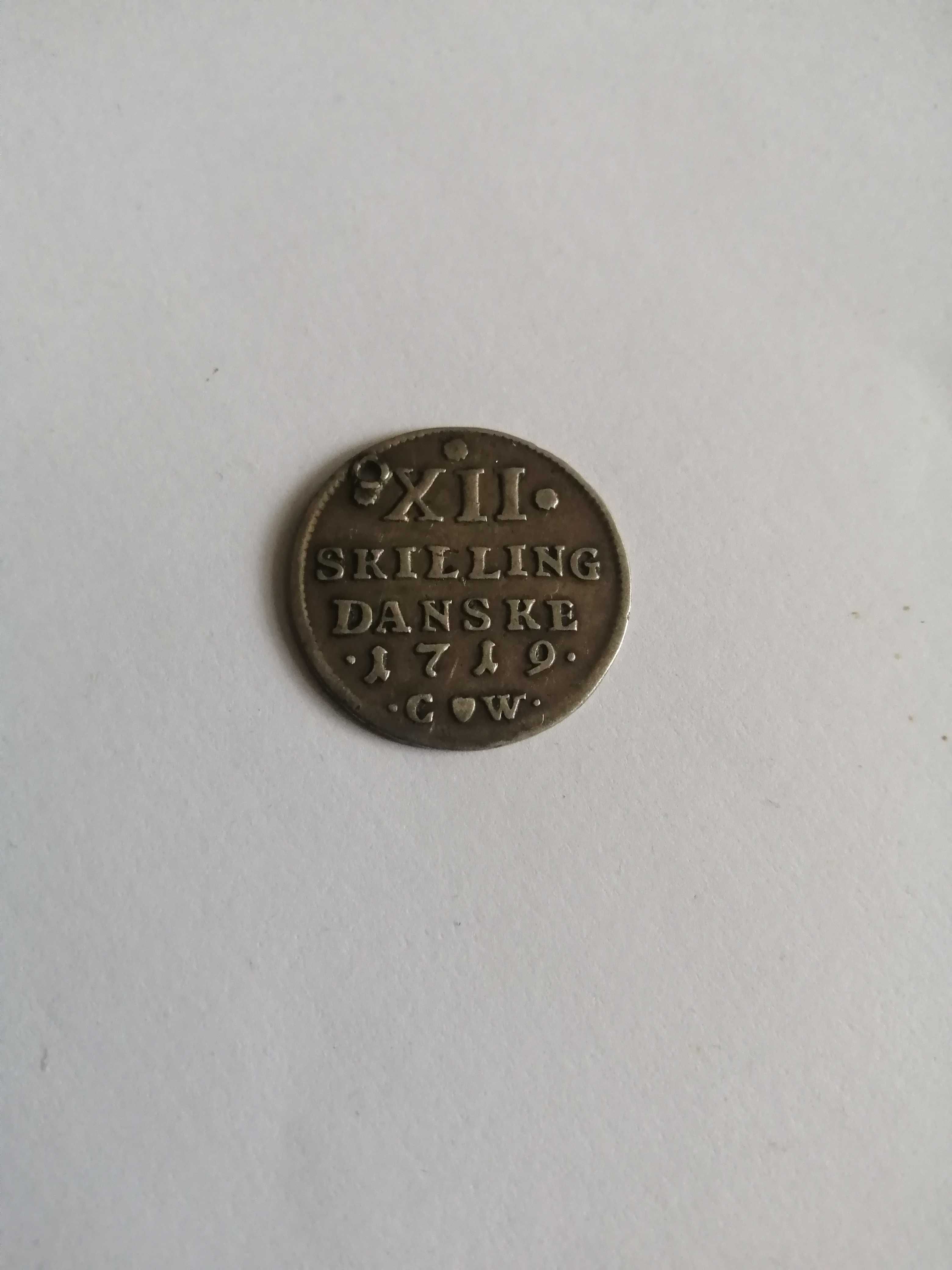 Srebrna moneta 12 Skilling Danske 1719 bardzo rzadka Dania Frederik IV