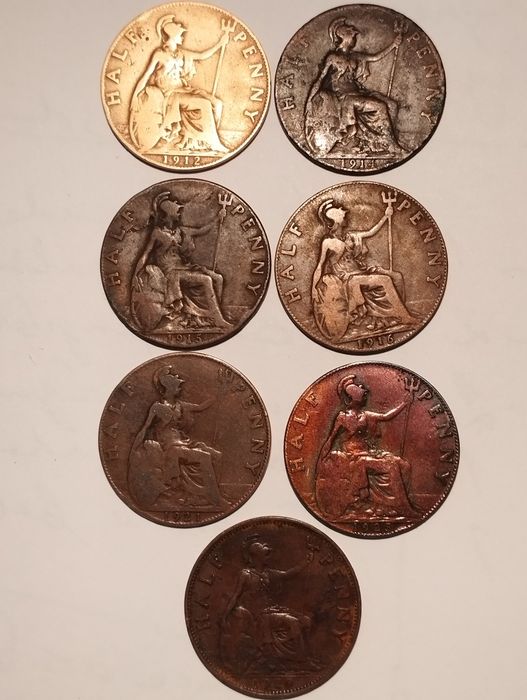 Moedas de 1/2 Penny Inglaterra de 1912 a 1966