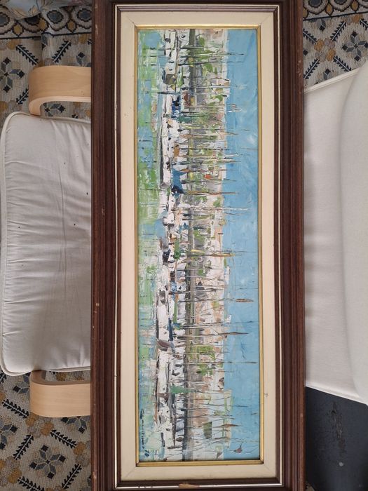 Linda pintura oleo sobre platex 1970 assinada barcos marinha
