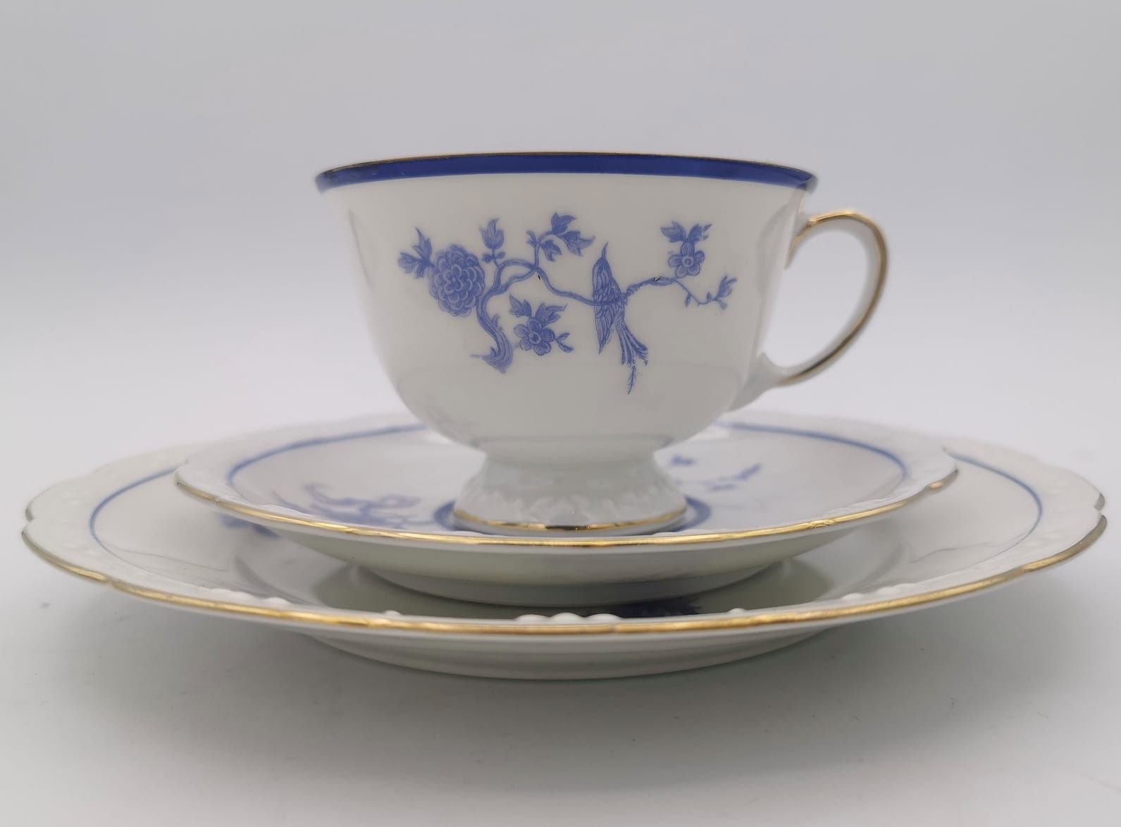 Porcelana SORAU Dekor Kobaltowe Kwiaty, Ptaki Złocona