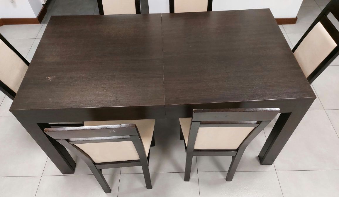 Stół rozkładany 160x90(3 m po rozlozeniu), 6 krzeseł tapicerowanych