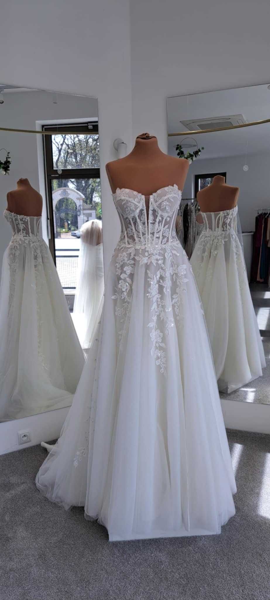 Nowa suknia gorsetowa kwiaty ivory roz. 36 38 40