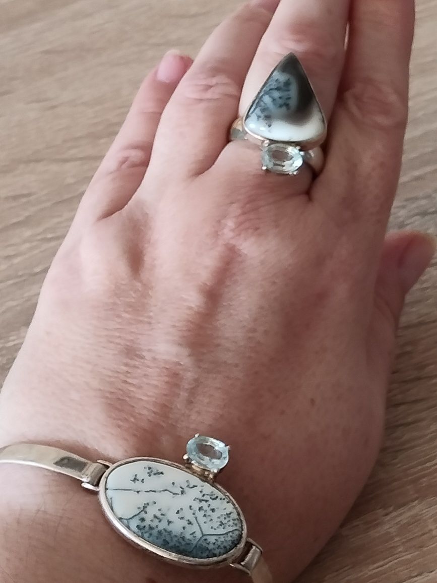 Bransoletka srebro ,agat dendrytowy i blue topaz