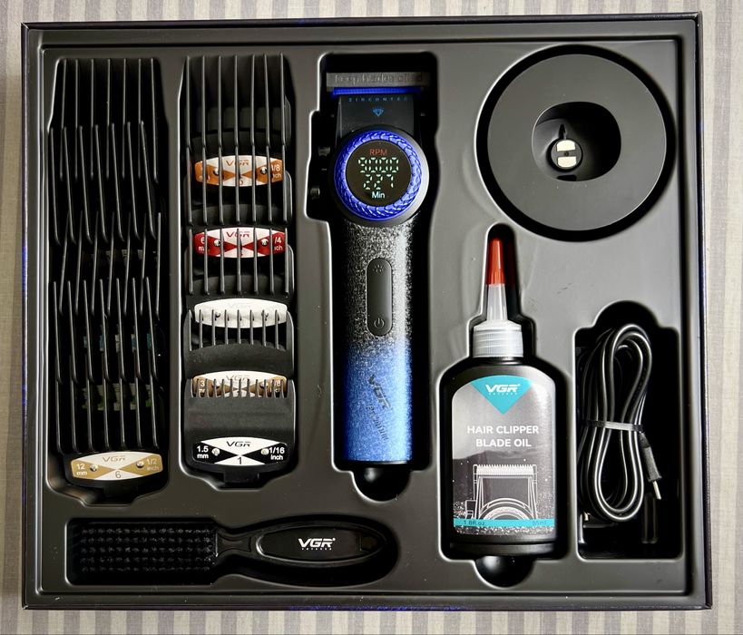 Машинка для стрижки VGR V-001 BLUE, дисплей, 9000 об/хв, 10 насадок