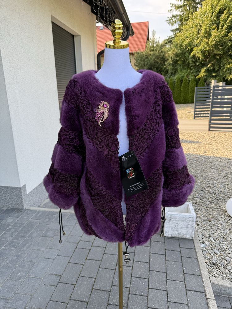 Futro naturalne z norek i karakułów, Nowe L XL Fiolet!