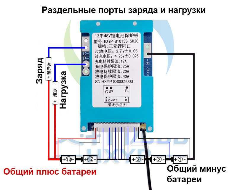 Плата защиты аккумулятора BMS 13S балансировка 48(54)В 20/40A