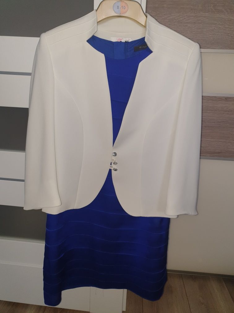 Sukienka elegancka chabrowa i żakiet bialy M 38