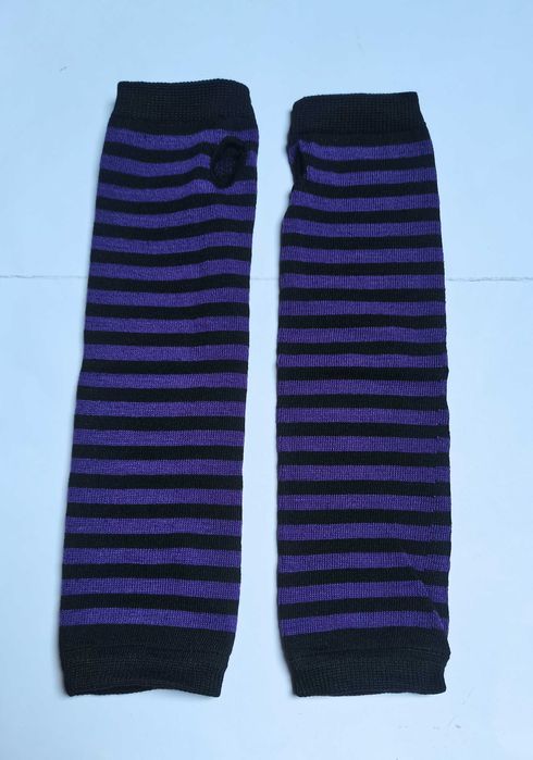 Długie ciepłe rękawiczki bez palców, mitenki - fioletowo-czarne paski