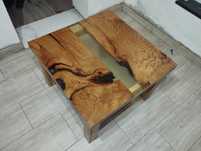 Stół Stolik Kawowy Dębowy Naturalny Dąb ława 80x80 x50 Żywica Drewno