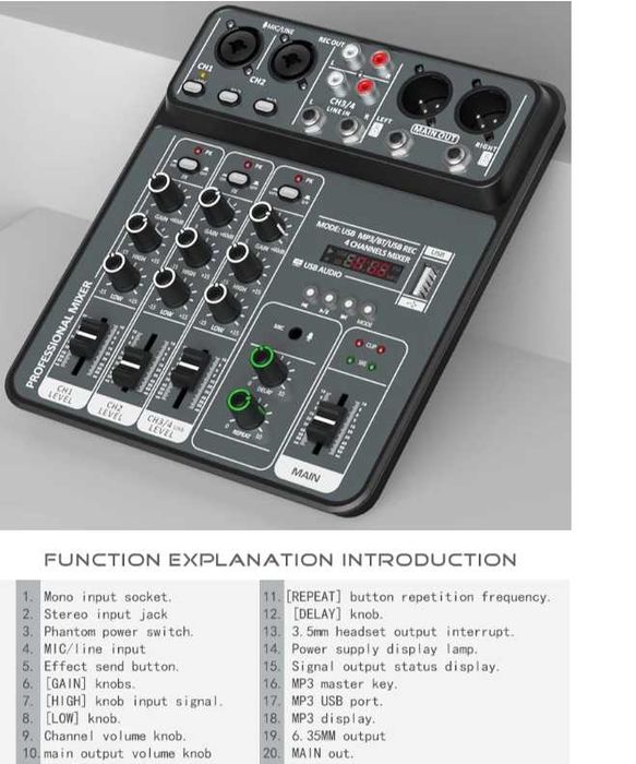 Mixer de áudio de 4 canais 48V